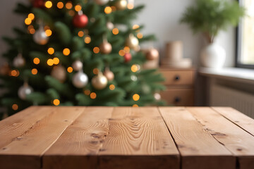 Wood dining table with copy space and Christmas tree in the background