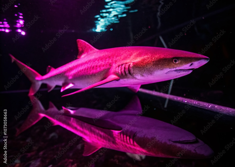 Poster crimson neon shark inside magenta neon shark with mirror illusion effect in low light photography – 