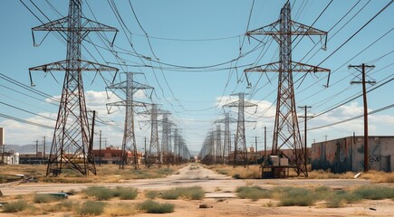 high voltage lines in the field, high voltage lines on the road, high voltage lines near the street