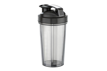 Clear shaker bottle with black lid on transparent or white isolated background.