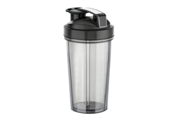 Clear shaker bottle with black lid on transparent or white isolated background.