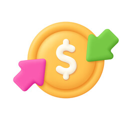 Dollar coin with arrow down and up. Financial loss or growth, increase or low of revenue. Finance and business concept. 3d vector icon. Cartoon minimal style.