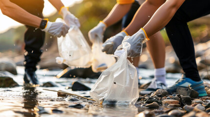 Gathered volunteers enthusiastically collect plastic waste along the riverbank, demonstrating teamwork and environmental stewardship during a community cleanup event