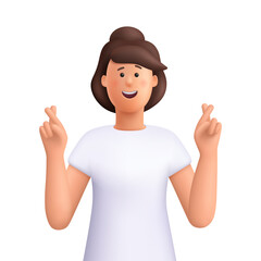 Young smiling woman cross fingers make wish. 3d vector people character. Cartoon minimal style.