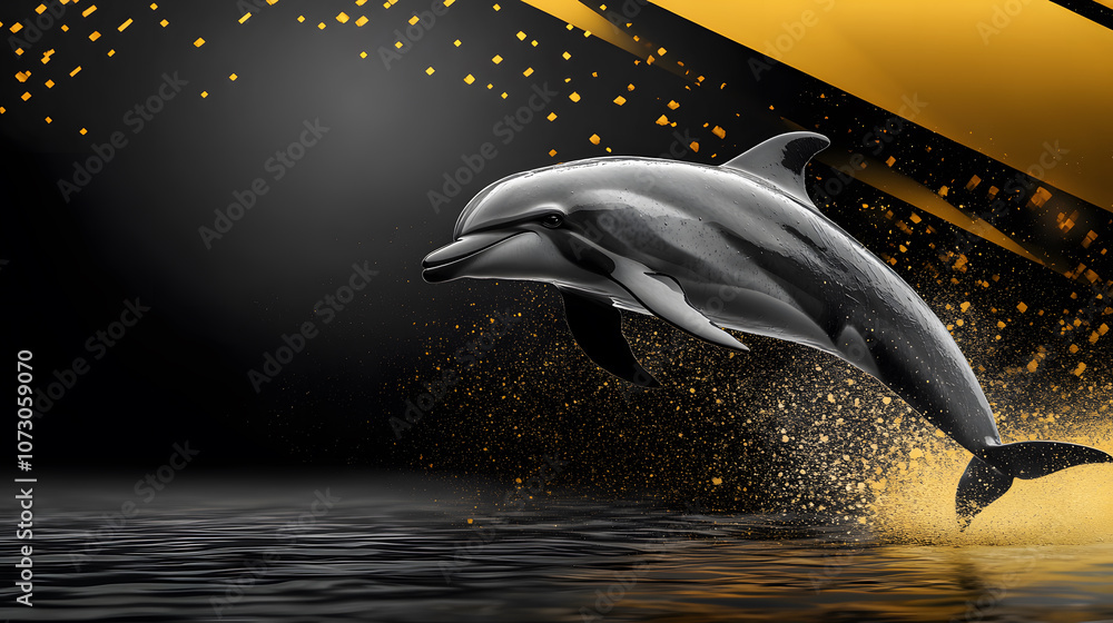 Aufkleber a dolphin leaps gracefully from a dark ocean, creating a splash with gold accents in the background,