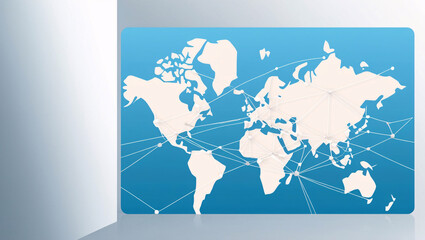 a light blue background with a digital world map and global network connections
