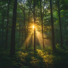 Obraz premium Peaceful forest view with warm sunlight illuminating lush green canopy picture