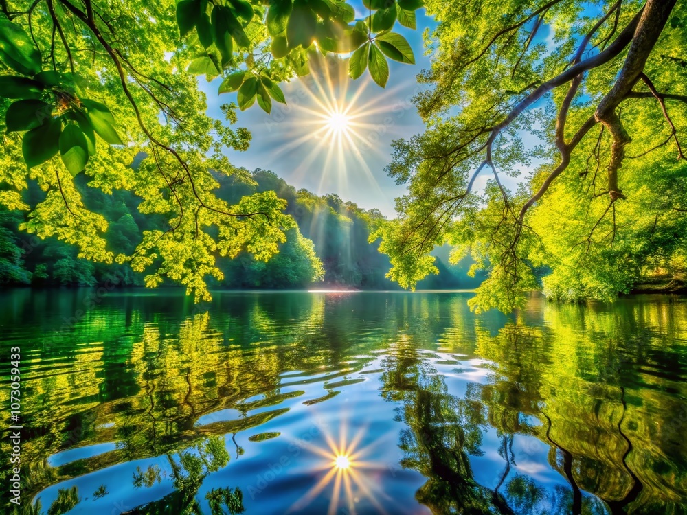 Poster dazzling light reflections creating dynamic patterns in nature's splendor - a mesmerizing display of