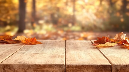 Obraz premium Autumn leaves on a rustic wooden table, warm tones, blurred natural background, evoking a cozy seasonal atmosphere.