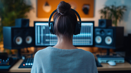 woman wearing headphones is focused on music production in studio, surrounded by audio equipment and monitors, creating vibrant atmosphere of creativity and concentration.