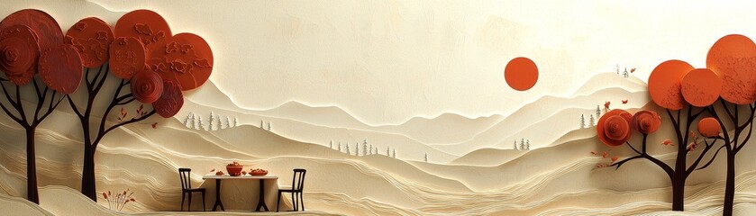 A serene landscape features red trees, gentle hills, and a large sun, creating a tranquil setting with a simple table and chairs.