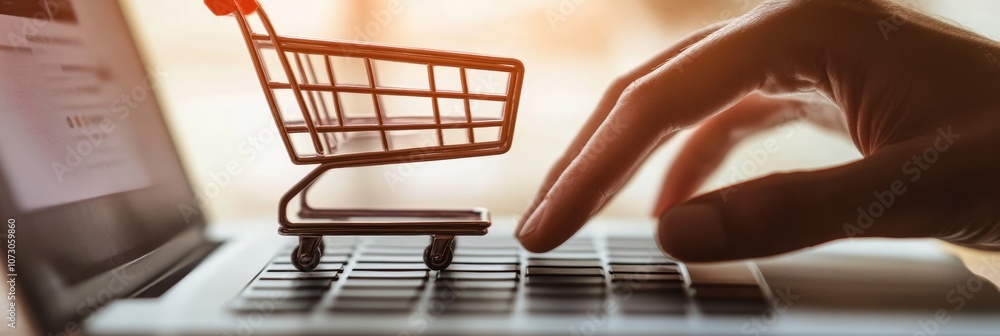 Poster businessman using laptop for online shopping with miniature shopping cart on keyboard, representing 
