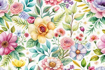 Delicate Watercolor Flora Patterns on White Background, Perfectly Composed Using Rule of Thirds for a Fresh, Artistic Touch in Interior Design and Home Decor Projects