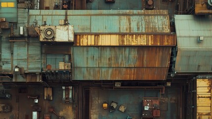 Panoramic view of a roofing factory, showcasing the production line on top with metal sheets moving through cutting and forming stations.
