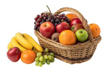 A basket filled with assorted fresh fruits on a transparent or white isolated background.