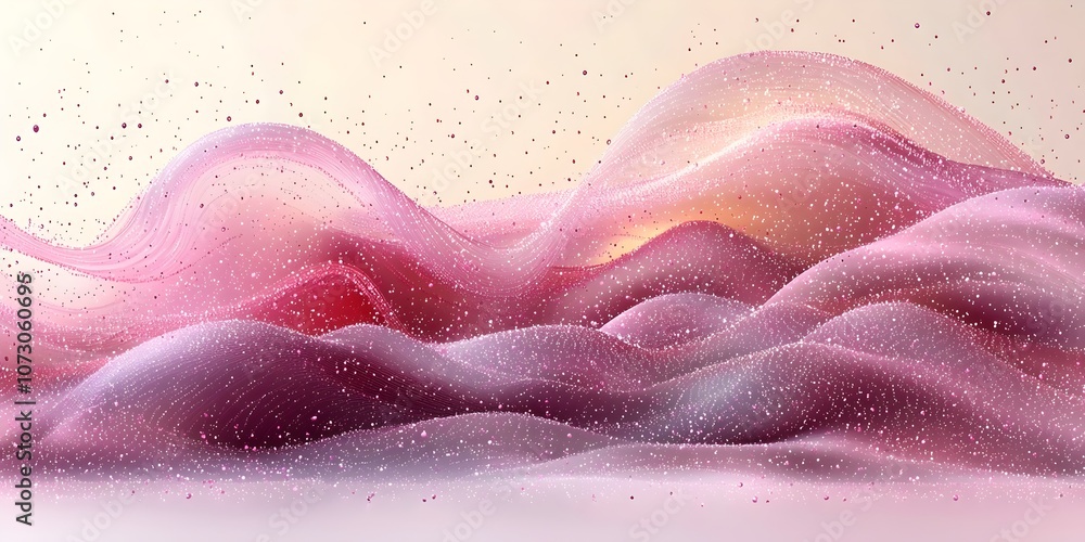 Poster a vibrant abstract landscape filled with flowing pink and purple waves, adorned with sparkling parti