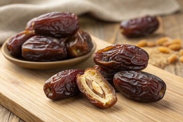 Fototapeta premium Deliciously Sweet Dried Date Fruits Perfect for Healthy Snacking and Culinary Use, Showcasing Their Natural Texture and Rich Brown Color in an Elegant Arrangement