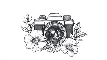 Hand-drawn illustration of a vintage camera with flowers and leaves.