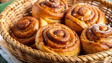 A basket of freshly baked cinnamon rolls, glistening with a sugary glaze, their warm dough hinting at a sweet and comforting taste.