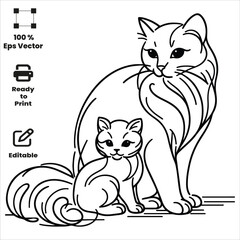 Cute Adorable Cat with kitten Coloring pages for kids coloring Book, Hand drawn bold line art, sketch coloring Activity book  vector illustration