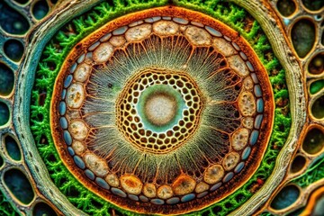 Fototapeta premium Detailed Cross-section of Plant Roots Under Microscope Showcasing Cell Walls and Nutrient Pathways for Agricultural and Botanical Studies in Earthy Tones