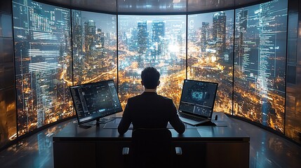 Futuristic Executive Workspace with AI Virtual Assistant Enhancing Business Operations Efficiency