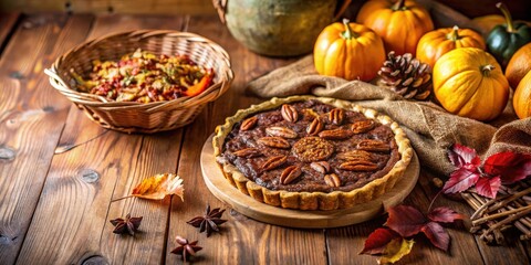 Fototapeta premium A rustic autumnal scene featuring a pecan pie on a wooden table surrounded by pumpkins, fall leaves, and star anise.