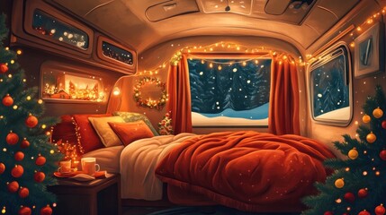comfortable bedroom interior in a recreational vehicle or mobile home trailer, the idea of family vacations in the country, and camping during the winter, Christmas, and New Year's holidays