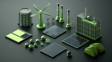 Renewable energy industry icons with factory and green energy symbols.