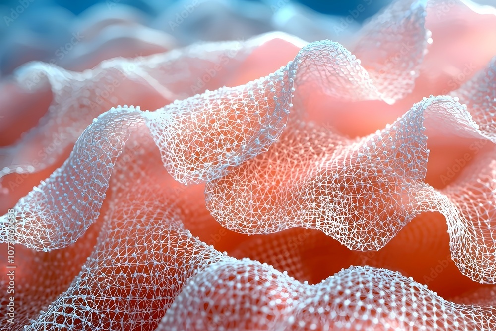 Aufkleber a close-up of delicate, translucent mesh fabric with soft peach tones, showcasing intricate wave-lik