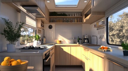 comfortable kitchen interior in a recreational vehicle or mobile home trailer, idea of family vacationing locally in their home nation in a caravan or camper van, and camping
