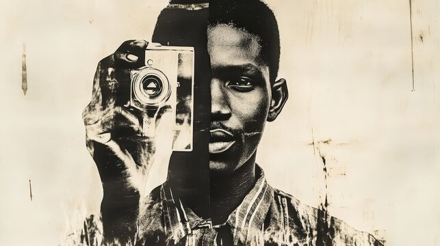 A captivating portrait of a man with a vintage camera, showcasing artistic expression.