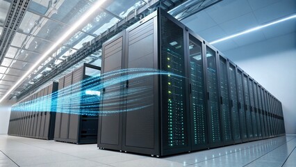 Obraz premium Double Exposure Photography of a Modern Data Center Merging with Digital Data Streams, Illustrating Big Data and Internet Infrastructure in a Futuristic Setting