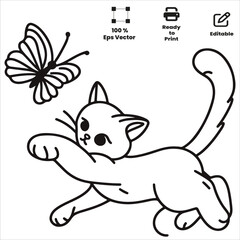 Cute Adorable Cat and butterfly Coloring pages for kids coloring Book, Hand drawn bold line art, sketch coloring Activity book  vector illustration