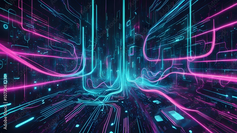 Poster Futuristic digital landscape with vibrant neon lines and abstract patterns.