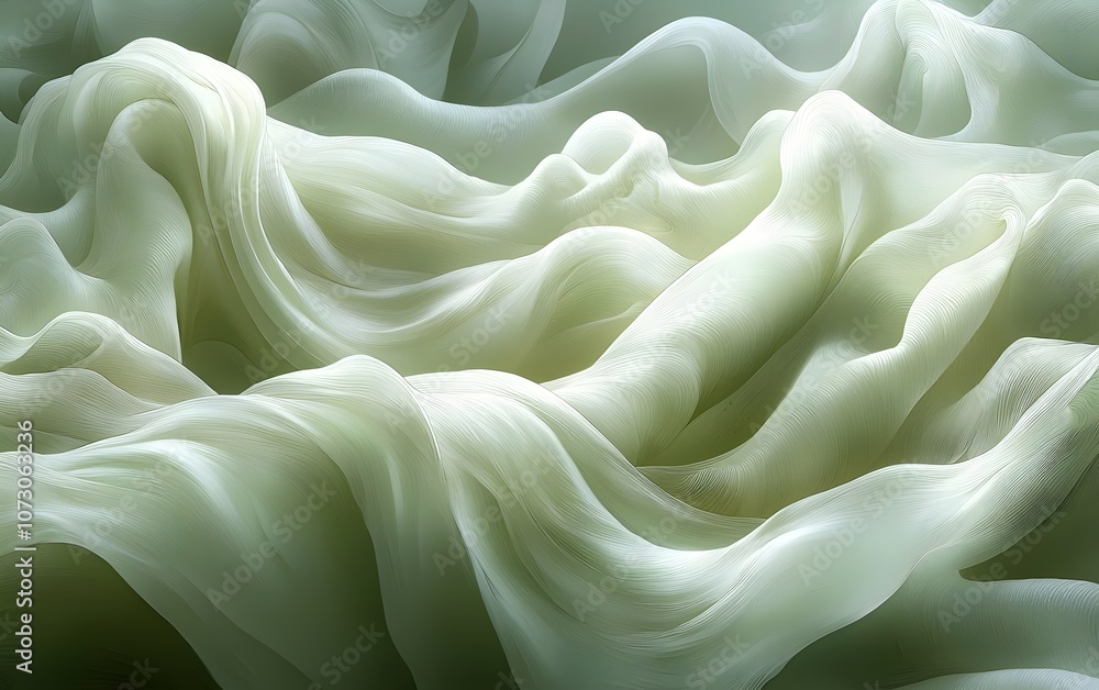 Poster an abstract close-up of soft, flowing green fabric creating a serene and calming atmosphere, emphasi