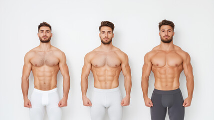 Fototapeta premium Three muscular men posing confidently in fitted clothing against white background, showcasing fitness and strength.