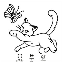 Cute Adorable Cat and butterfly Coloring pages for kids coloring Book, Hand drawn bold line art, sketch coloring Activity book  vector illustration