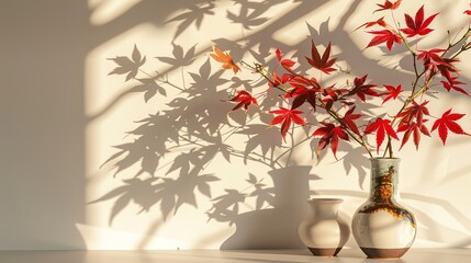 Maple Leaves and Shadows on the Studio Wall - a soft and natural visual. The delicate leaves and shadows create a serene and artistic scene.