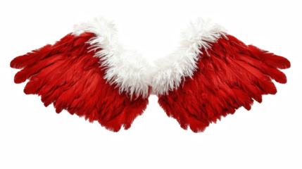 Christmas Pair of red and white feathered angel wings with a soft, fluffy texture, cut out transparent isolated PNG.