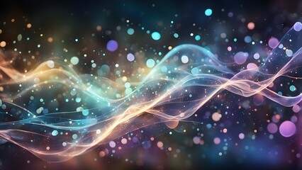 A vibrant abstract design featuring colorful waves and luminous particles in a cosmic background.