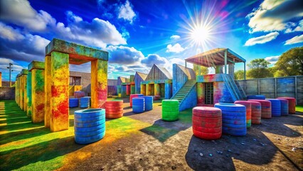 Dynamic Architectural Photography of a Paintball Arena Featuring Bold Structures and Colorful Terrain in an Outdoor Setting for Action and Adventure Enthusiasts