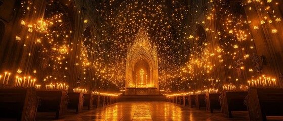 Obraz premium A mystical space filled with glowing candles and ethereal light creates a serene atmosphere.