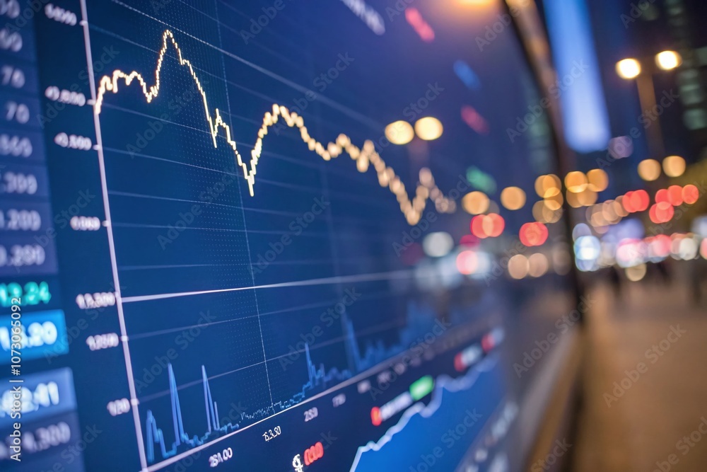 Poster dynamic stock market graph with bokeh effect on a blue digital background, showcasing trends and flu