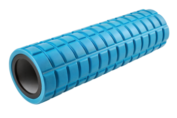 Blue foam roller for muscle recovery on a transparent or white isolate background.