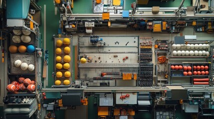 Top-view panorama of a sports equipment production line, featuring detailed processes for stitching and shaping balls, bats, and other gear with quality checks in place.