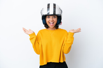 Woman with a motorcycle helmet with shocked facial expression