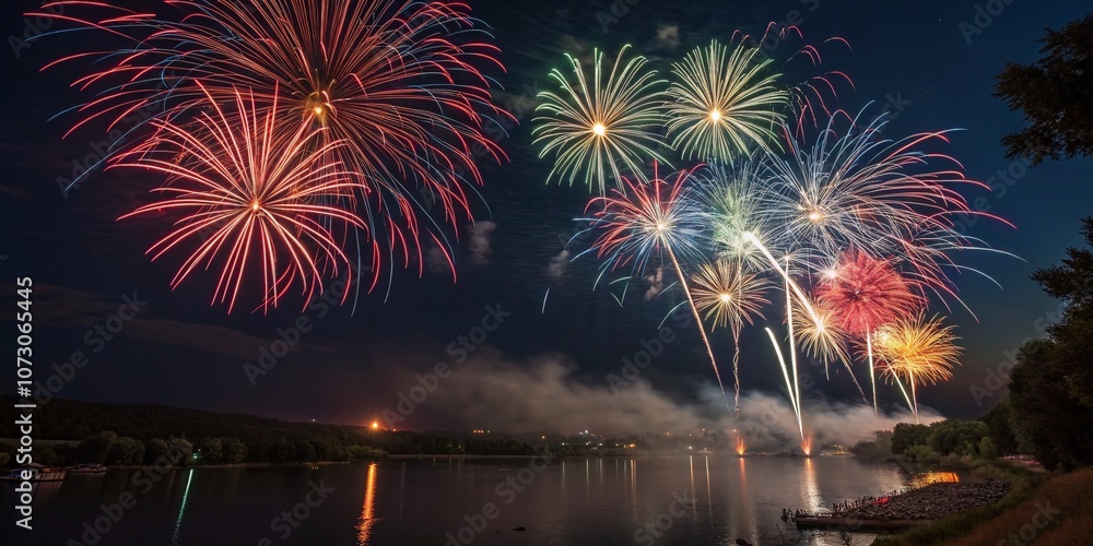 Poster dynamic uhd firework patterns in vibrant colors illuminating the night sky, capturing the essence of