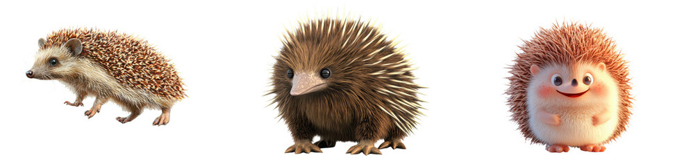 Fototapeta premium Cute Cartoon Hedgehog Trio European Spiky and Echidna Animals on transparent background