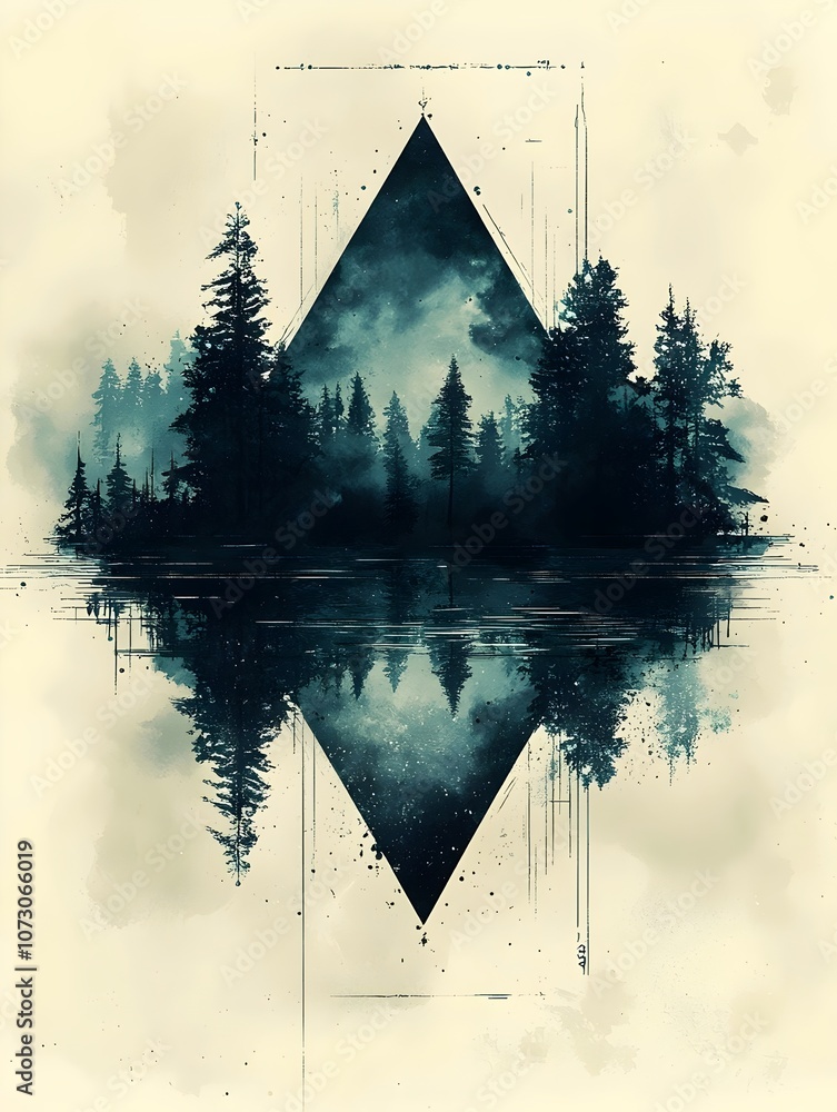 Poster A serene forest scene featuring dark pine trees mirrored in a calm lake, framed by an abstract diamond shape, creating a tranquil and modern artistic impression.